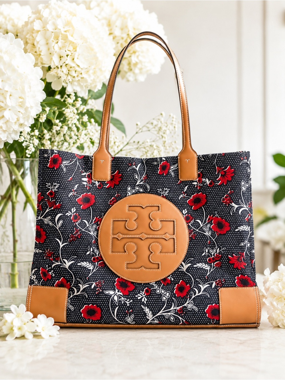 Tan & Black Floral Tory Burch tote bag